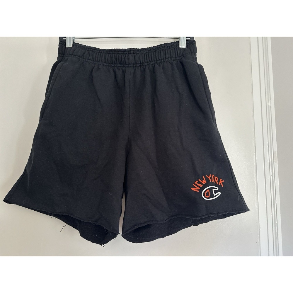 Champion black Streetwear raw edge fleece shorts Sz:L New York graphic logo